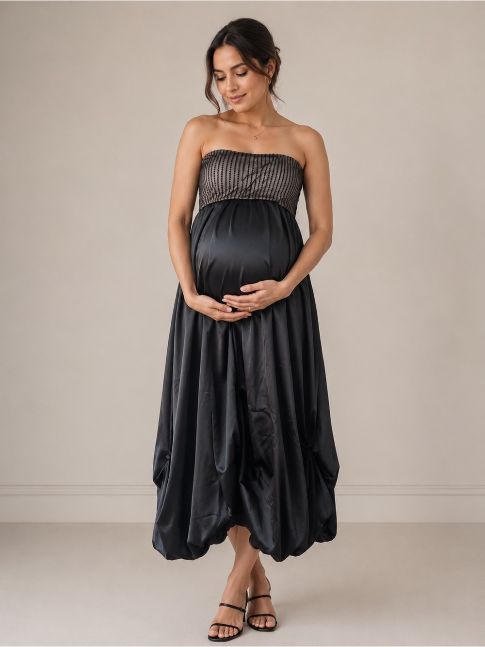 Japanese Weekend San Francisco Maternity Black Strapless Satin Dress Size Small
